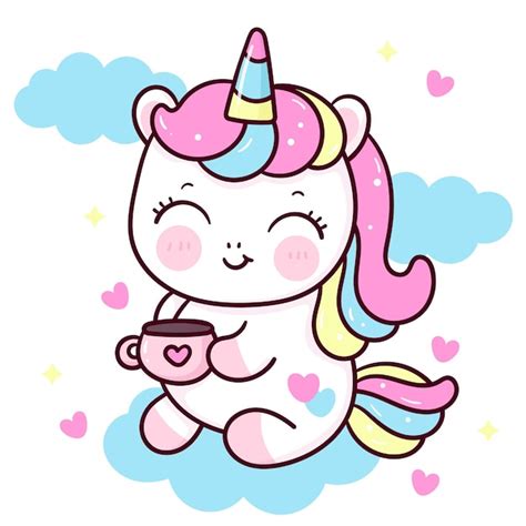 Premium Vector Cute Unicorn Cartoon With Coffee Cup Kawaii Animal