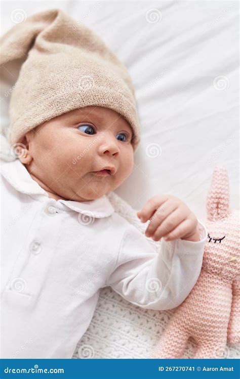 Adorable Hispanic Baby Lying On Bed At Bedroom Stock Image Image Of