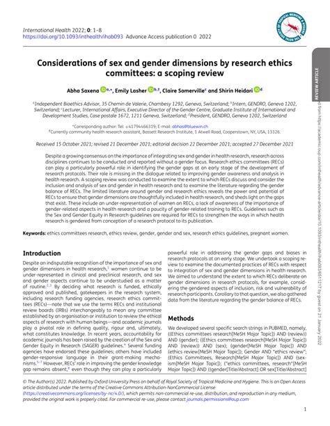 Pdf Considerations Of Sex And Gender Dimensions By Research Ethics