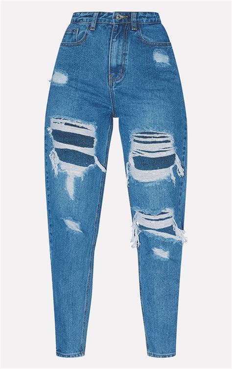 Prettylittlething Mid Blue Ripped Mom Jeans Prettylittlething