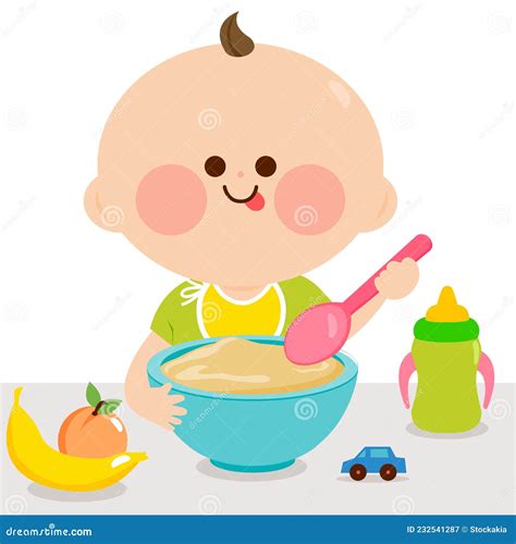 Baby Eating Cereal And Fruit Vector Illustration Stock Vector