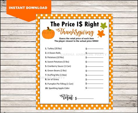 The Price Is Right Printable Thanksgiving Game Thanksgiving Etsy