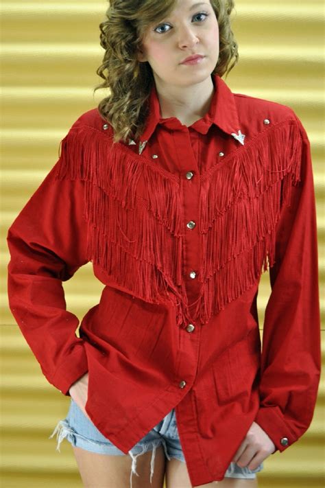 Vintage 80s Womens Fringed Western Shirt Red Cowgirl Shirt Rodeo Shirt W Fringed Western Yoke