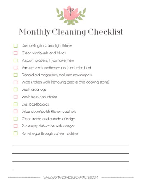 Monthly Cleaning Checklist Printable