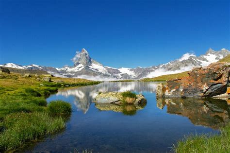 Beautiful Swiss Alps Landscape With Stellisee Lake And Matterhorn