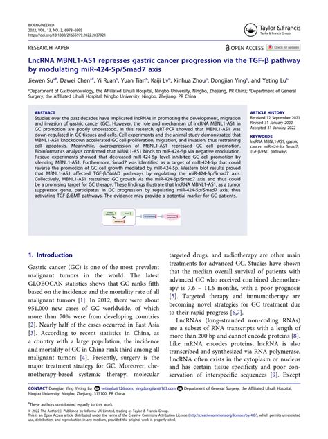 PDF LncRNA MBNL1 AS1 Represses Gastric Cancer Progression Via The TGF