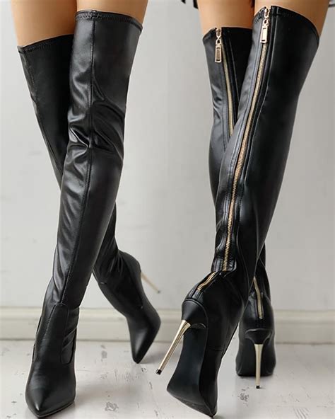 Zipper Knee High Thin Heel Boots Heeled Boots Boots Womens Fashion