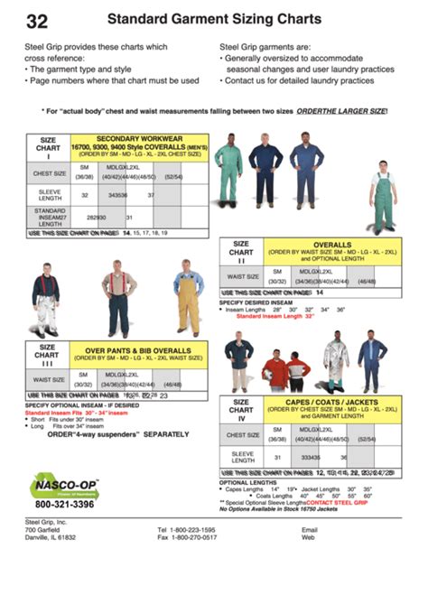 Standard Garment Sizing Charts Nasco Op Inc Printable Pdf Download