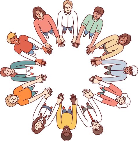 Friendly People Stand In Circle Hold Hands For Collaboration And