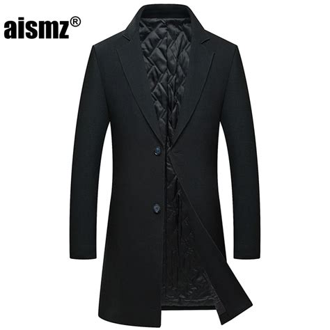 Aismz Winter Business Casual Men Single Breasted Long Wool Overcoat