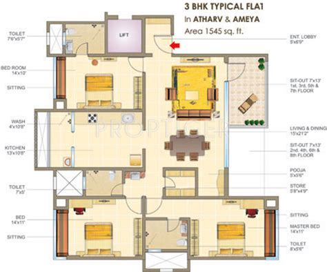 1545 Sq Ft 3 Bhk Floor Plan Image Shree Buildcon Nashik Ganesha