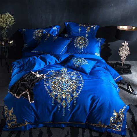 Luxury Blue Egyptian Cotton Oriental Modern Bedding Set Queen King Size