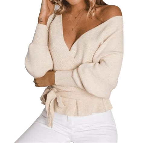 Nibesser Sexy Backless Sweater Women Winter 2018 Solid Deep V Neck Sweaters Female Autumn Lace