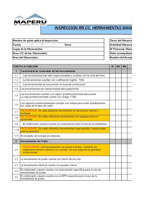 Formato Inspeccion Herramientas Manuales Pdf