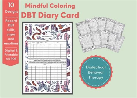Mindful Coloring Dbt Skills Diary Card With 10 Designs Simple Dbt