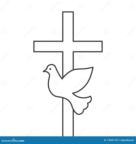 Flying Dove And Cross Concept Blank Outline And Line Art Stock Vector