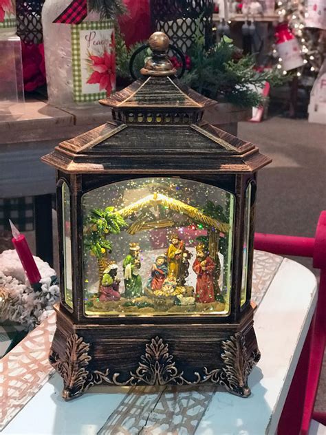 Nativity Scene Antique Bronze Lighted Water Lantern With Swirling