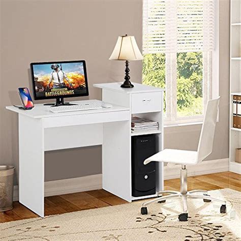 Topeakmart Small White Computer Desk With Drawers And Printer Shelves