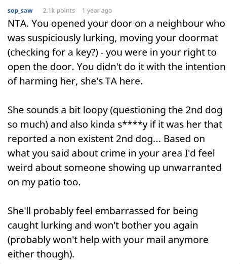 woman is annoyed her neighbor comes to her landing and lurks so she swings open the door