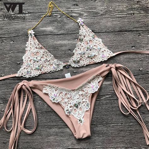 2018 micro brazilian bikini thong swimwear female push up bikini set lace sequins bathing suits