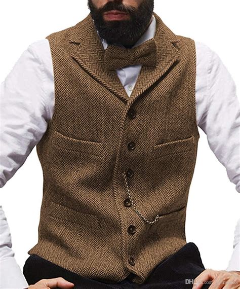 2019 New Brown Rustic Groom Vests For Country Wedding Wool Herringbone