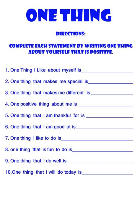 One Thing Positive Self Esteem Worksheet