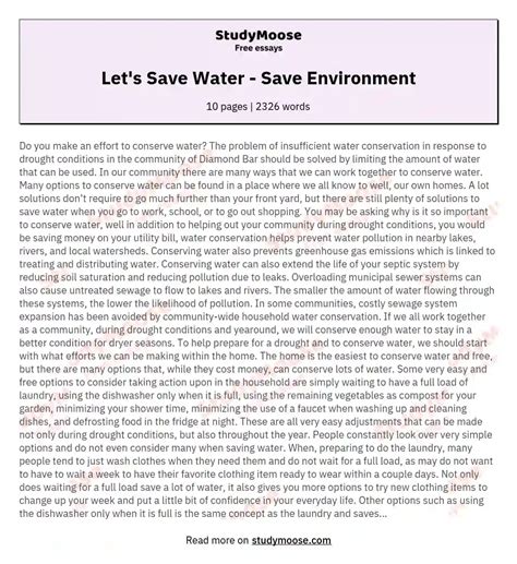Let S Save Water Save Environment Free Essay Example