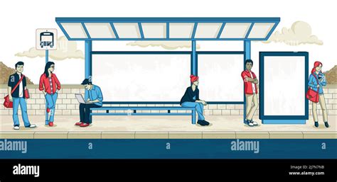 Passengers At Bus Stop Cartoon People Waiting For Bus Stock Vector