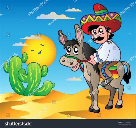 Mexican Riding Donkey In Desert Vector Illustration 79436815