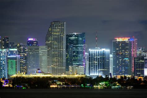 Miami Skyline City Miami Lighting Lights Sea Ocean Sunset Night