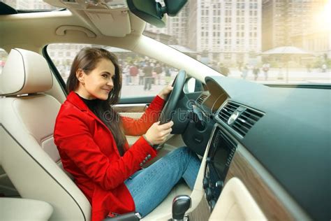 Driving Around City Young Attractive Woman Driving A Car Stock Image