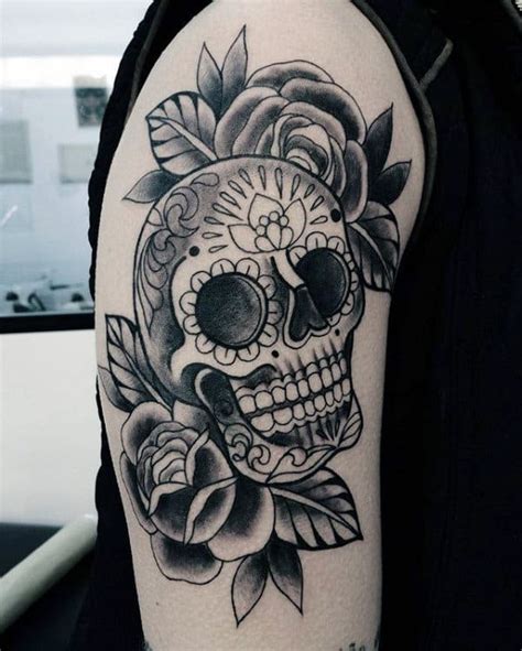 Here is a sugar skull tattoo design on the forearm of this guy. 50 Traditional Skull Tattoo Designs For Men - Manly Ink Ideas
