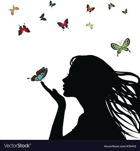 Woman Silhouette Girl With Colorful Butterfly On White Background