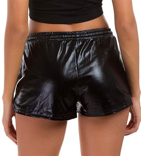Women Metallic Shorts Shiny Drawstring High Waist Night Club Dancing Causal Shorts Black On Luulla