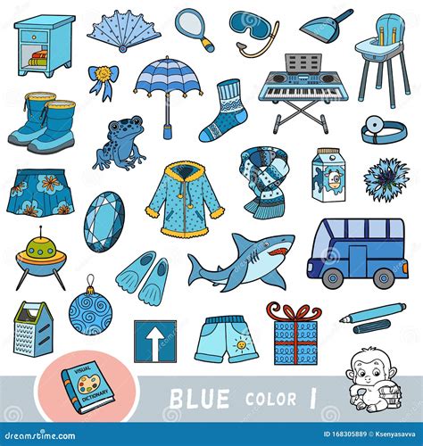 Colorido Conjunto De Objetos De Color Azul Diccionario Visual Para