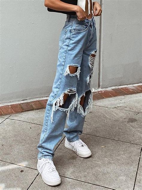 2021 Ripped High Waist Ripped Jeans Blue L In Ripped Jeans Online Store