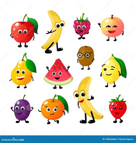 Cartoon Funny Fruits Happy Apple Banana Raspberry Peach Pear