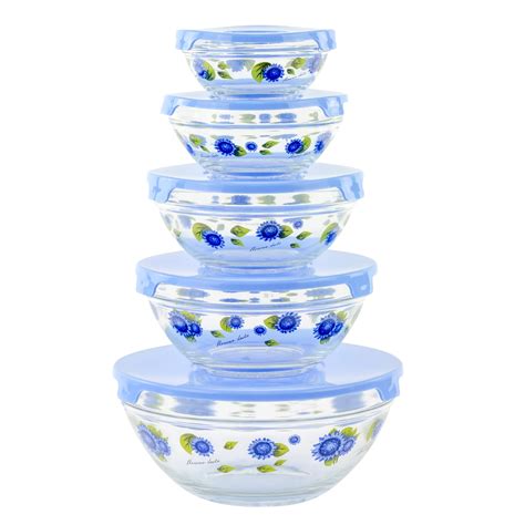 10 Piece Glass Food Storage Container Set With Lids And Flower Design New 852038001142 Ebay
