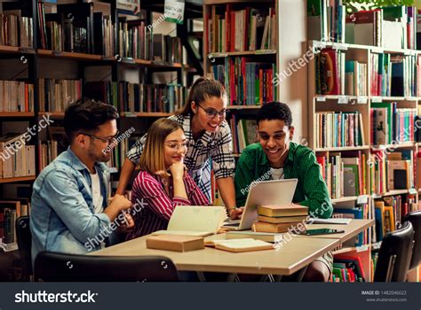 Four Young Students Study School Library Stock Photo 1482046022