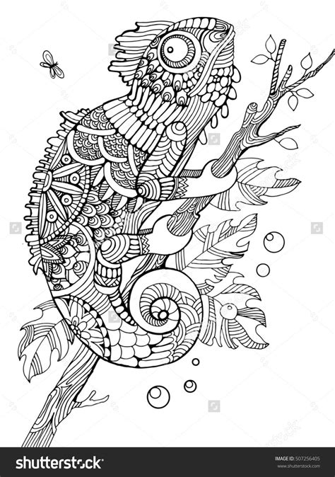 A Black And White Drawing Of A Chamelon Sitting On A Branch With Leaves
