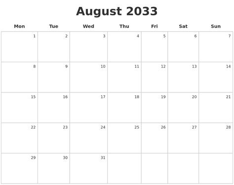 August 2033 Make A Calendar