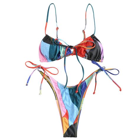 Womens High Cut Thong Bikini Set Swimsuits Cami String Sexy Bathing