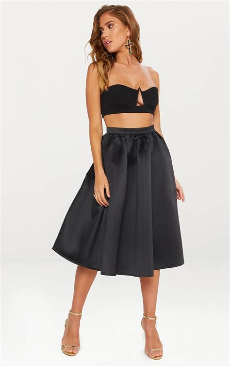 Black Satin Full Midi Skirt Skirts Prettylittlething Aus