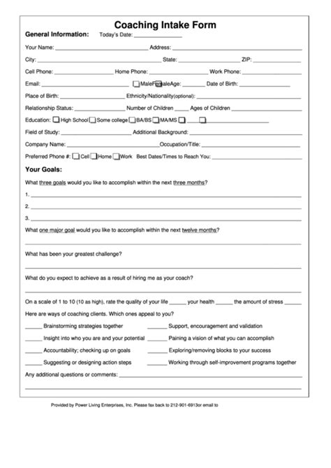 Coaching Intake Form Printable Pdf Download