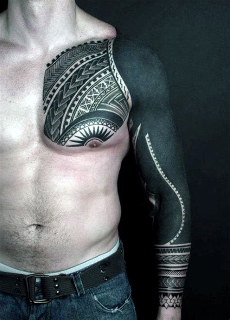 Massive Black Ink Cool Polynesian Patterns Tattoo On Sleeve And Chest