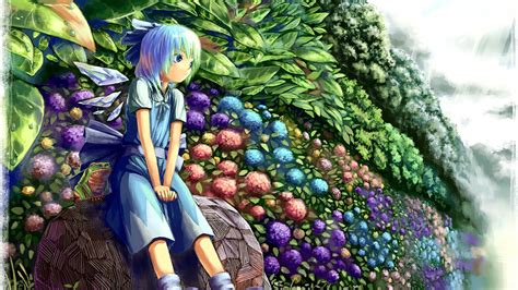 Wallpaper Bunga Bunga Memalingkan Muka Anime Rambut Biru Touhou