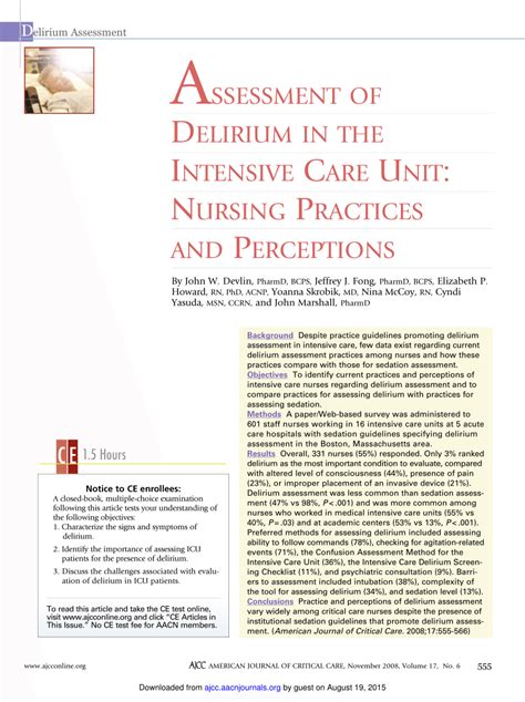 PDF Assessment Of Delirium In The Intensive Care Unit Nursing Practices And Perceptions