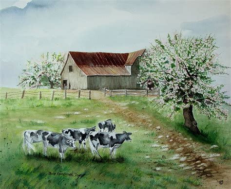 Watercolor Print Fine Arts Folk Art Cow Barn Landscape Apple Etsy