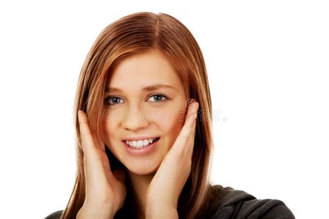 Young Happy Woman Holding Both Hands Cheeks Stock Photos Free