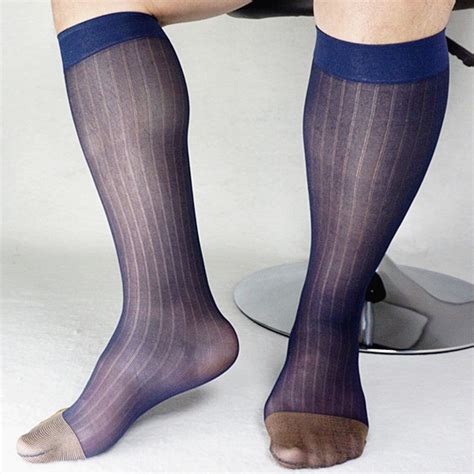 2021 Mens Wide Striped Toe Sheer Socks Silk High Thin Breathable Sexy